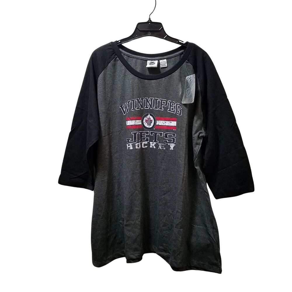 Women's NHL Winnipeg Jets Distressed Gray Black Red 3/4 Sleeve Raglan Tee Sz 2X